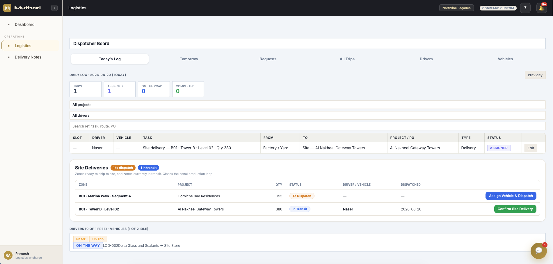 Logistics screen showing delivery notes and vehicle dispatch to construction sites